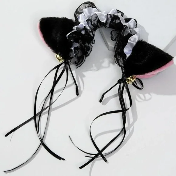 ?‍⬛ Awesome Lace Ribbon Tassels Kitty Cat Ears Bells Headband Headdress ?‍⬛ Black & Red Ribbon Bell Fuzzy Cat Ear Headband | Hot Topic main image 2